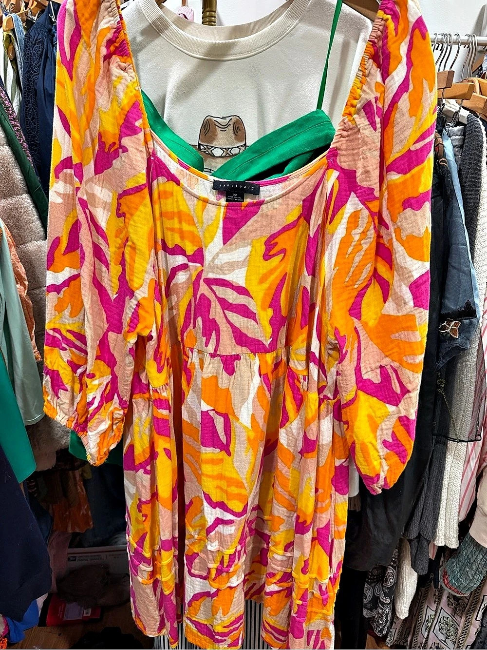 Sanctuary by Anthropologie | Tropical Print Babydoll Mini Dress Pink & Orange - Picture 3 of 3